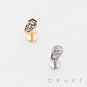 SKULL CROSSBONES ENGRAVED COFFIN 316L SURGICAL STEEL THREADLESS PUSH-PIN LABRET SET